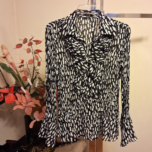 NWT Simon Chang Women's White Black Printed Ruffle Blouse Top Size 14 L - Picture 7 of 10